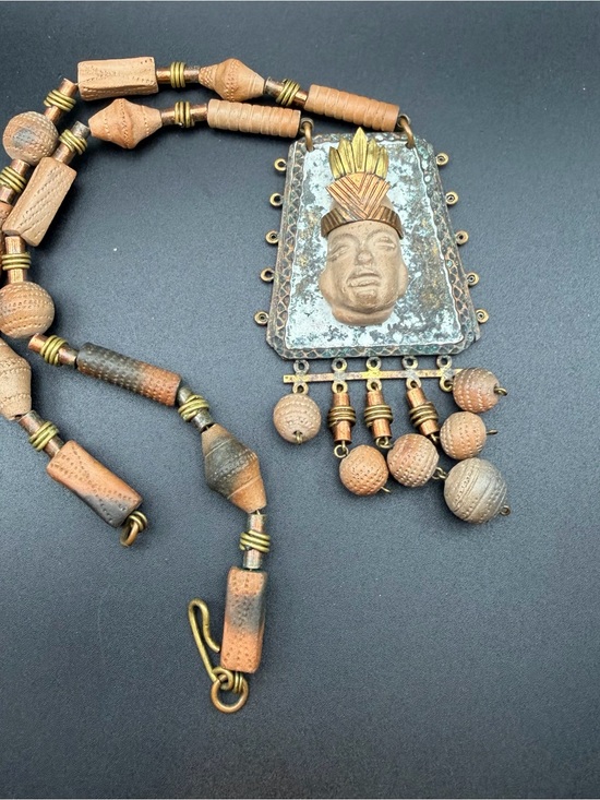 Maya Mexico Jewelry - Vintage Casa Maya Mexico mixed-metal carved clay pendant necklace #B82